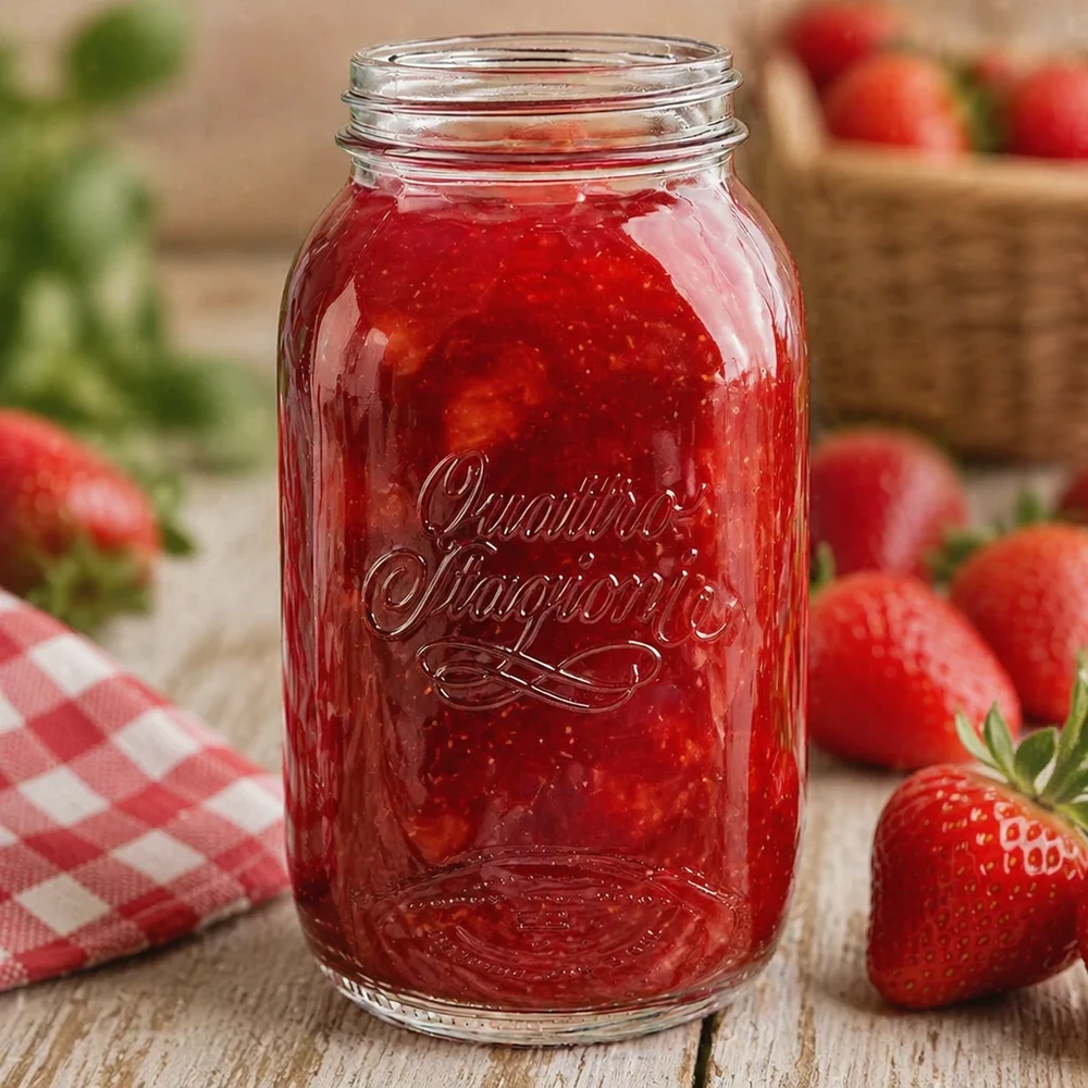 1500 ml słoik Quattro Stagioni wypełniony dżemem truskawkowym w otoczeniu świeżych truskawek na drewnianym stole