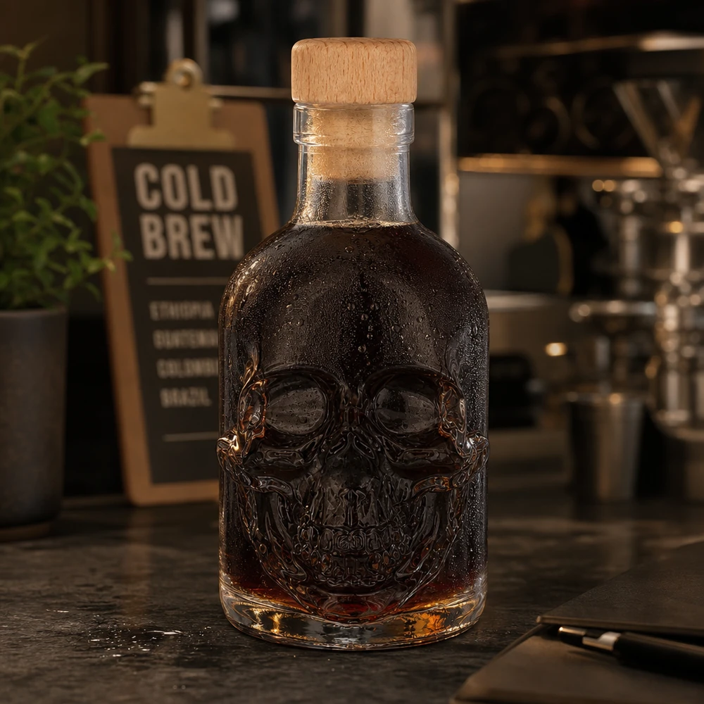 Szklana butelka Jack 200ml z czaszką i ciemnym alkoholem w kawiarnianej atmosferze, znak zimnego naparu w tle