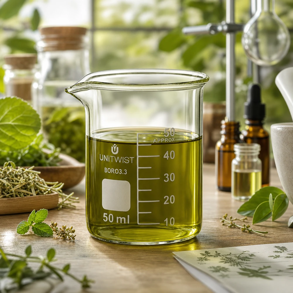 Zlewka 50 ml z borokrzemianu, niskoprofilowa UNiTWIST Szklanka o pojemności 50 ml, model UNiTWIST o niskim profilu, z żółto-zielonym olejkiem ziołowym, z poziomem napełnienia do 40 ml, w laboratorium Naturlabor