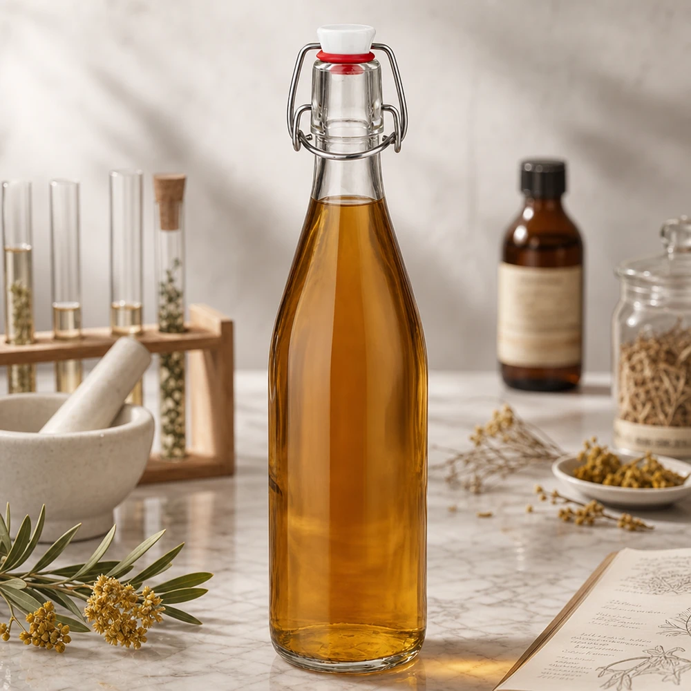 500ml szklana butelka ze złotym płynem w laboratorium kosmetyków naturalnych obok ziół i olejków