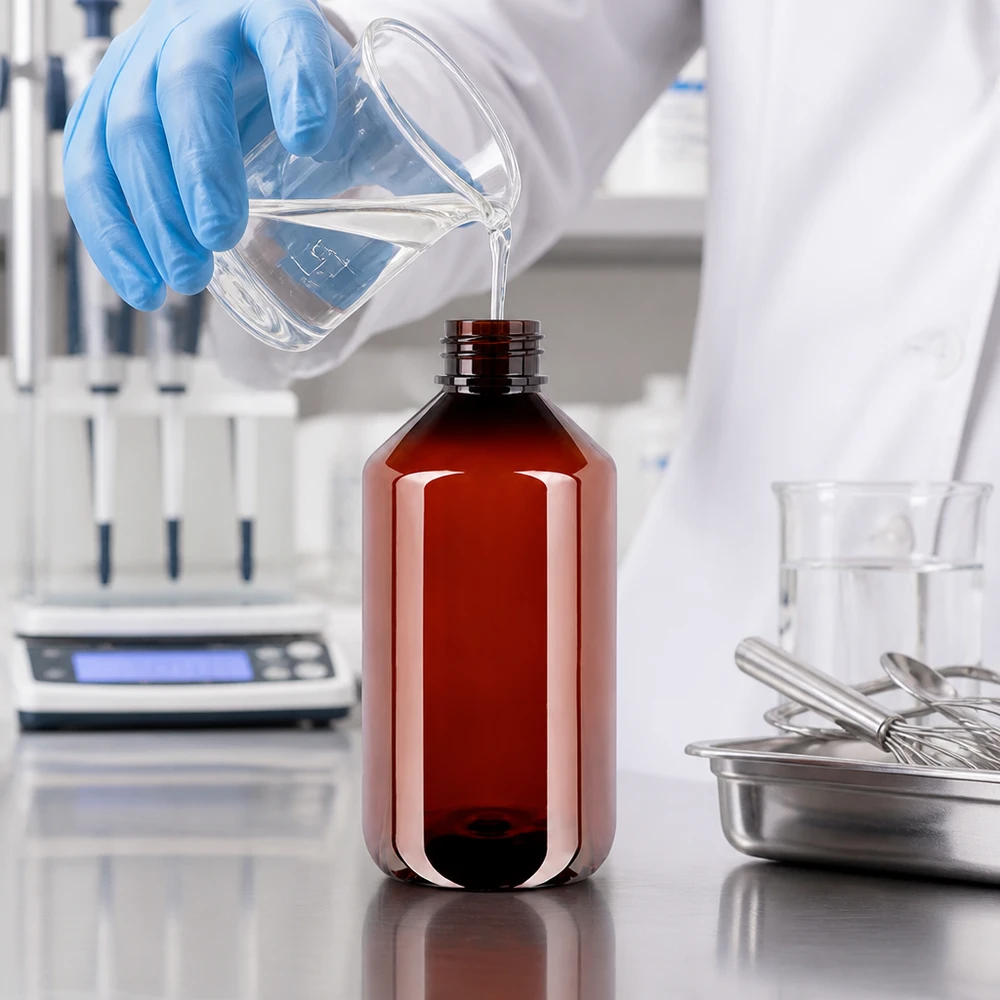 Butelka PET 500 ml z białą nakrętką typu flip-top. Technik laboratoryjny, mając na rękach rękawiczki ochronne, napełnia bursztynową butelkę PET o pojemności 500 ml przezroczystym płynem