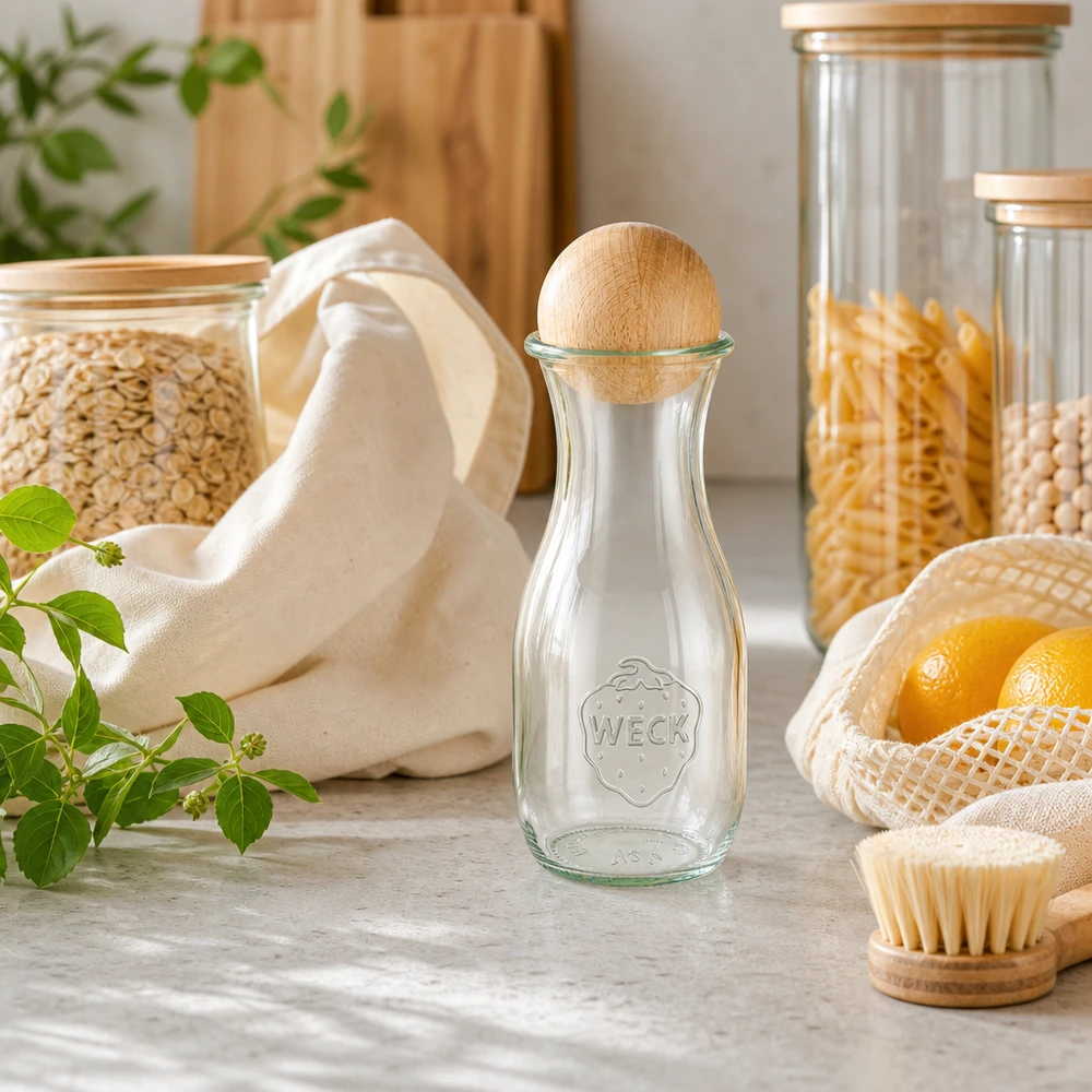 Butelka na sok WECK 530 ml z drewnianą kulką w zrównoważonej kuchni zero waste obok worków jutowych i słoików do przechowywania