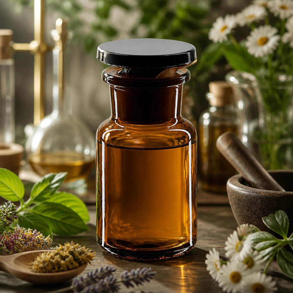 Okrągła butelka na ramię 50 ml z brązową szeroką szyjką i szklanym korkiem Brązowa butelka szklana o pojemności 50 ml z szeroką szyjką i czarnym korkiem, umieszczona wśród ziół leczniczych i sprzętu laboratoryjnego