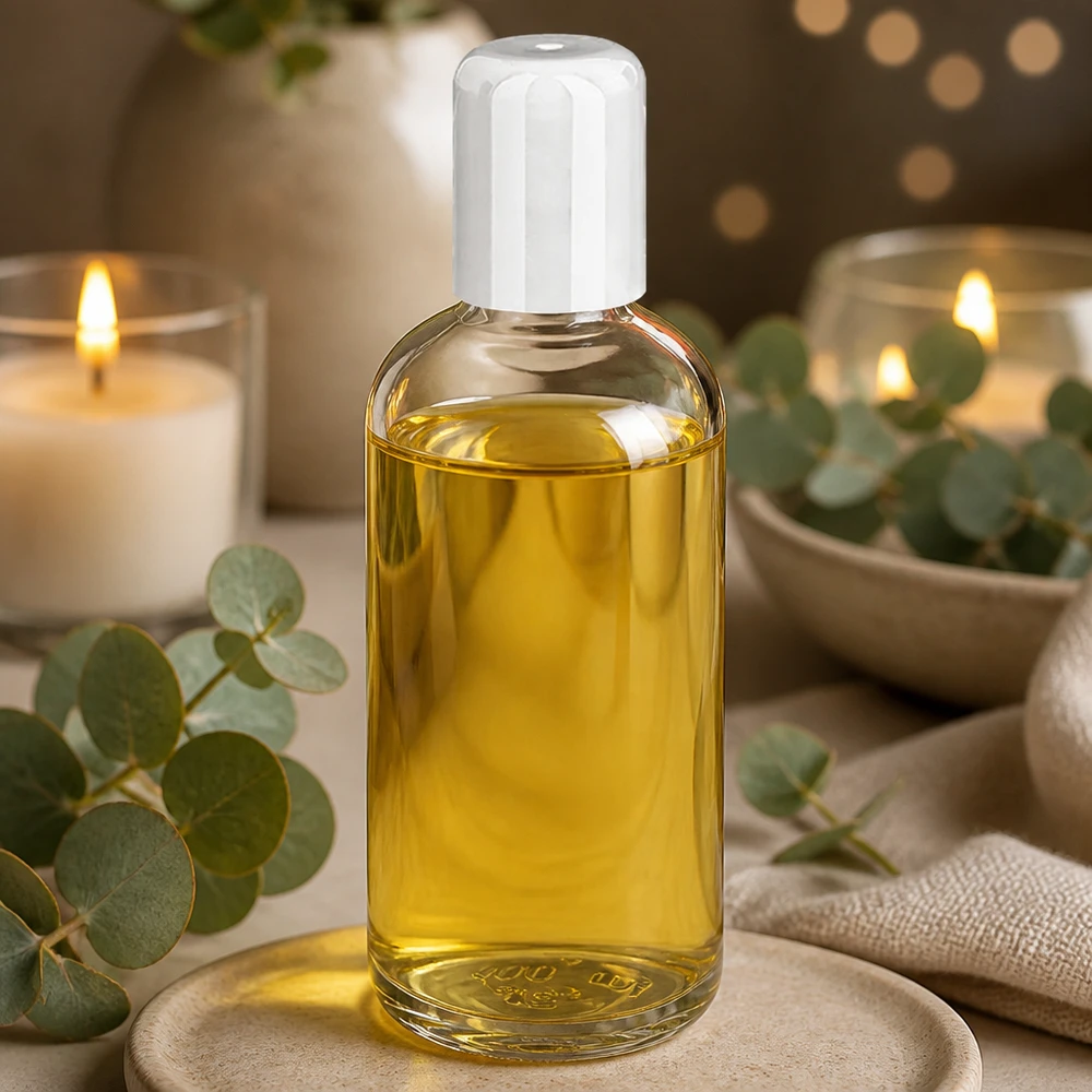 Butelka roll-on 100 ml biała STD ClearLine UT18/100 Butelka ClearLine z kulką o pojemności 100 ml z białą nakrętką, wypełniona złotym olejkiem przy świecach