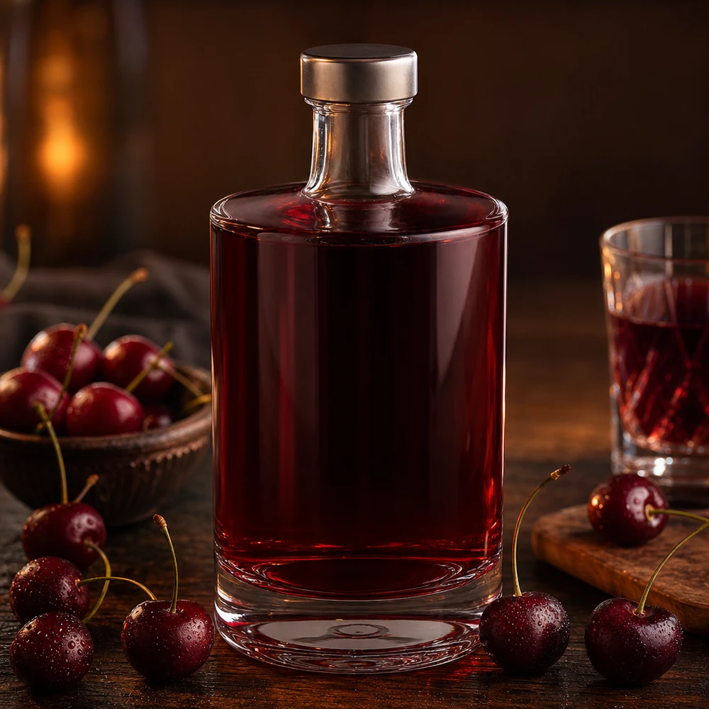 500ml szklana butelka Sam wypełniona likierem wiśniowym pomiędzy świeżymi wiśniami przytulna atmosfera kominka chwila przyjemności