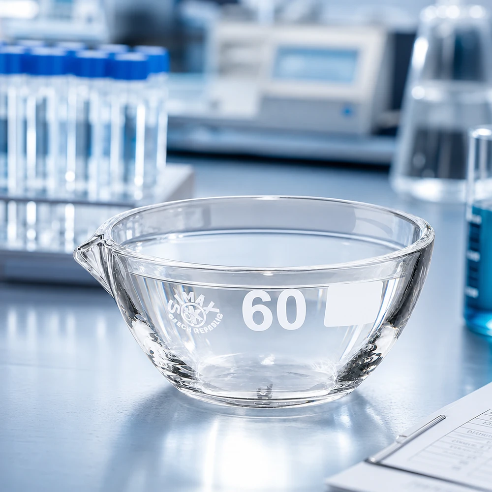 Kompaktowe naczynie do odparowywania o pojemności 45 ml z wylewką ø60 mm wykonane z wytrzymałego borokrzemianu do prac laboratoryjnych