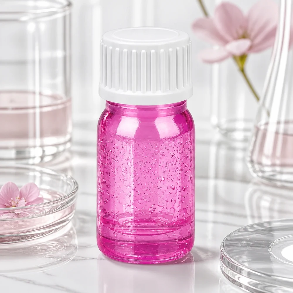 Butelka 5 ml (kuleczka) 3 mm pierścień do nalewania biały standardowy PurpleLine UT18/5 Różowa szklana butelka 5 ml z białą zakrętką i teksturowaną powierzchnią do zastosowań kosmetycznych