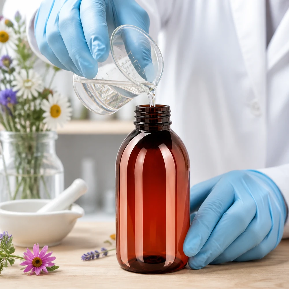Farmaceuta napełnia brązową butelkę PET o pojemności 250 ml płynem z zamknięciem zabezpieczającym