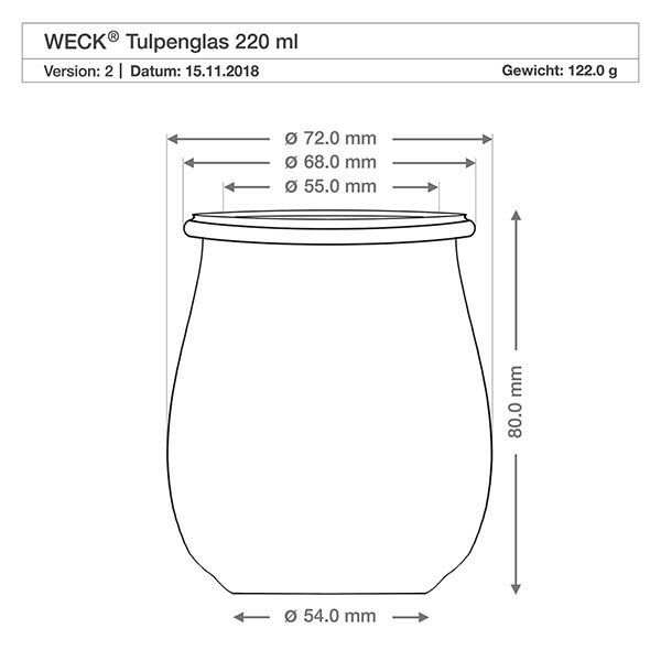 Słoik tulipan 220ml WECK RR60 z korkiem naturalny Rysunek techniczny WECK słoik tulipan 220ml RR60 z wymiarami i wymiarami - Specyfikacja produktu słoik konserwujący