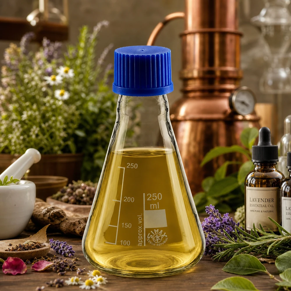 Kolba Erlenmeyera 250 ml z zakrętką Kolba miarowa Erlenmeyera o pojemności 250 ml z oznaczeniami pomiarowymi i niebieskim korkiem do precyzyjnego określania objętości
