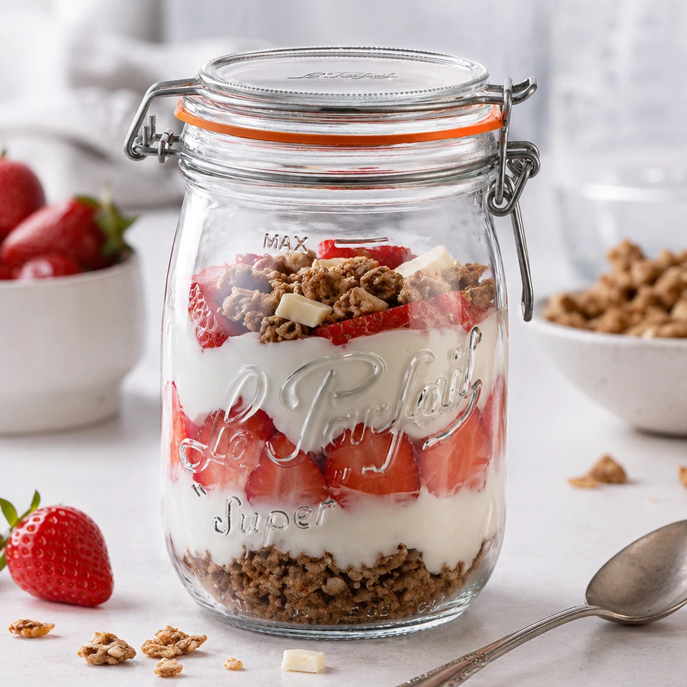 1000ml Vorratsglas "Super" mit Bügelverschluss Le Parfait® Słoik Le Parfait Super o pojemności 1000 ml z uchylną pokrywką wypełniony jogurtem, truskawkami i musli na deser.