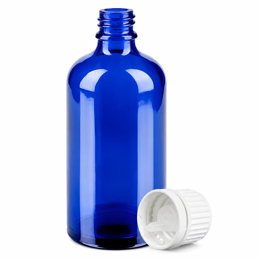 Wysokiej jakości niebieska szklana butelka z zakraplaczem 100 ml z białą zakrętką do aromaterapii