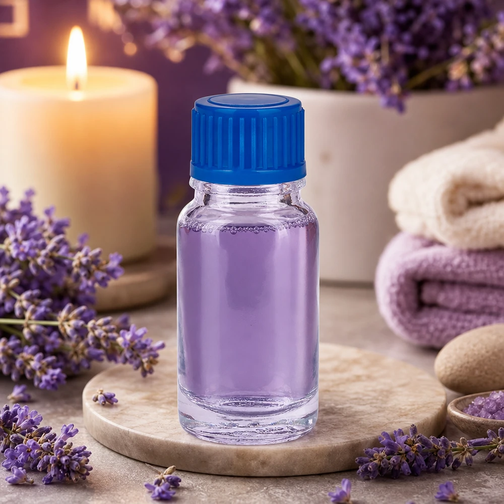 Butelka na olejek lawendowy ClearLine UT18/10 o pojemności 10 ml z niebieską zakrętką 11 mm – aromaterapia, spa