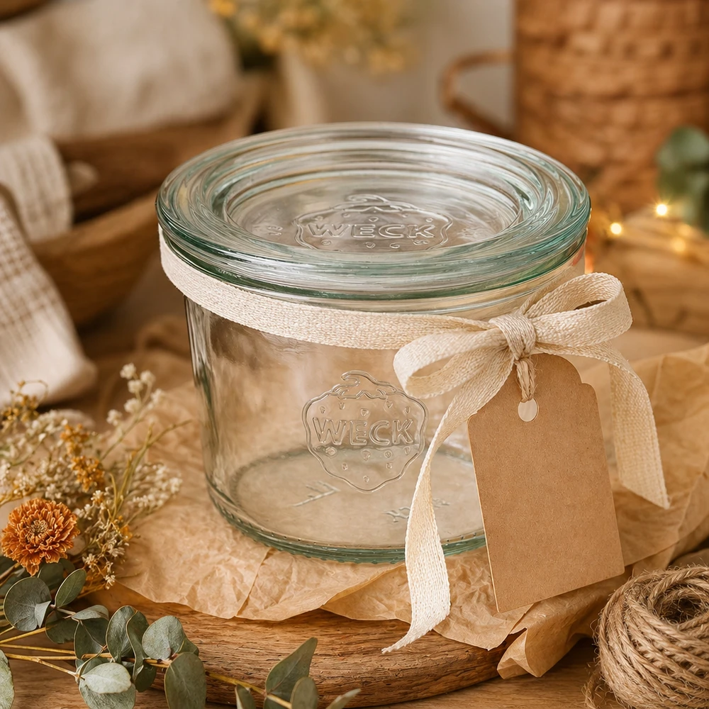Słoik o pojemności 80 ml z szklaną pokrywką WECK RR60 Kubki WECK 80ml RR60 ozdobione zawieszką ze wstążki prezentowej i jesienną dekoracją na drewnianym stole