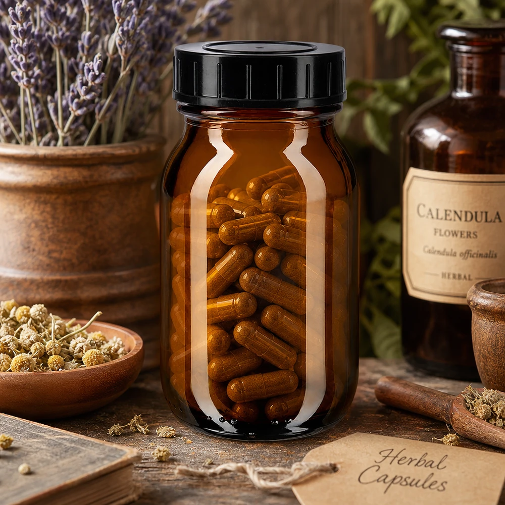 Butelka z szeroką szyjką o pojemności 100 ml z bursztynowego szkła z zakrętką Bursztynowa szklana butelka z szeroką szyjką 100 ml z praktyczną zakrętką na kapsułki i tabletki