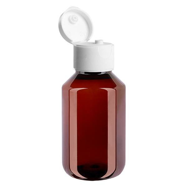Butelka PET 100 ml z białą nakrętką typu flip-top. Butelka PET 100 ml z białą nakrętką typu flip-top.