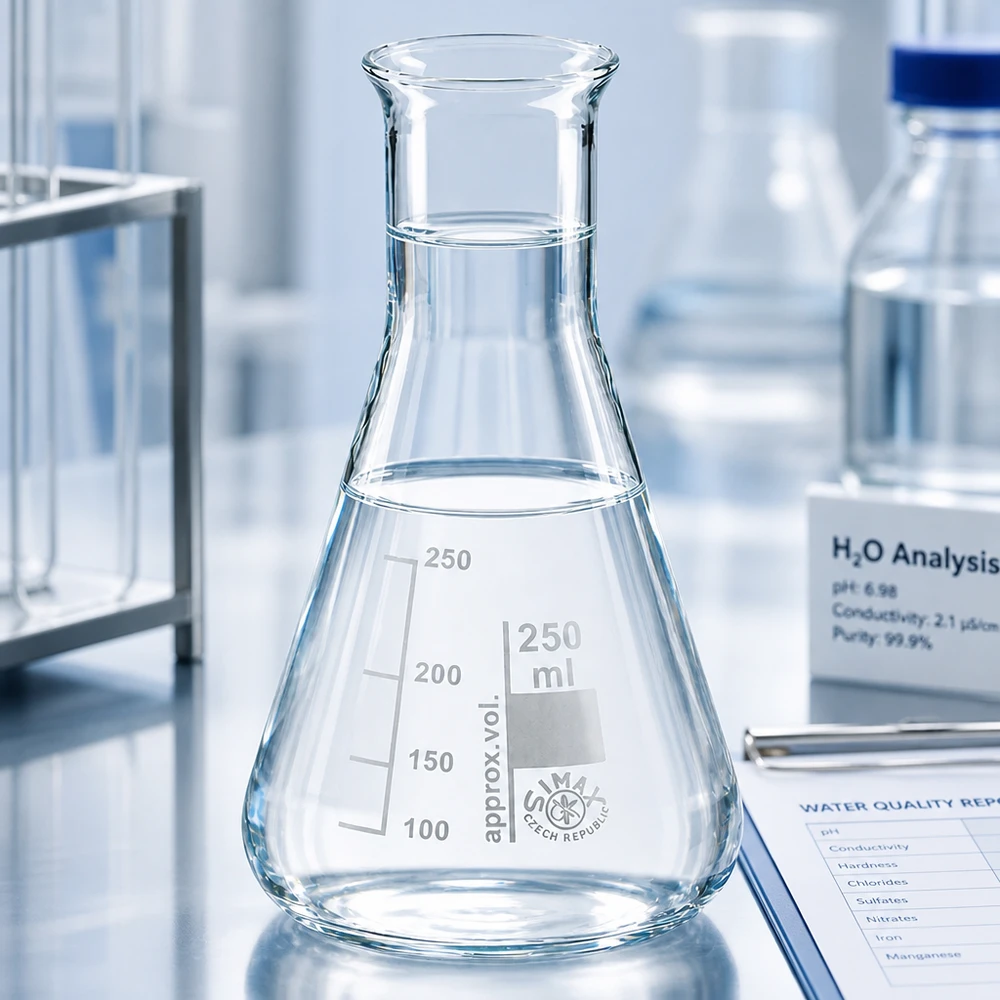 Szklana kolba miarowa 250 ml o stożkowym kształcie i wąskiej szyjce do analiz laboratoryjnych