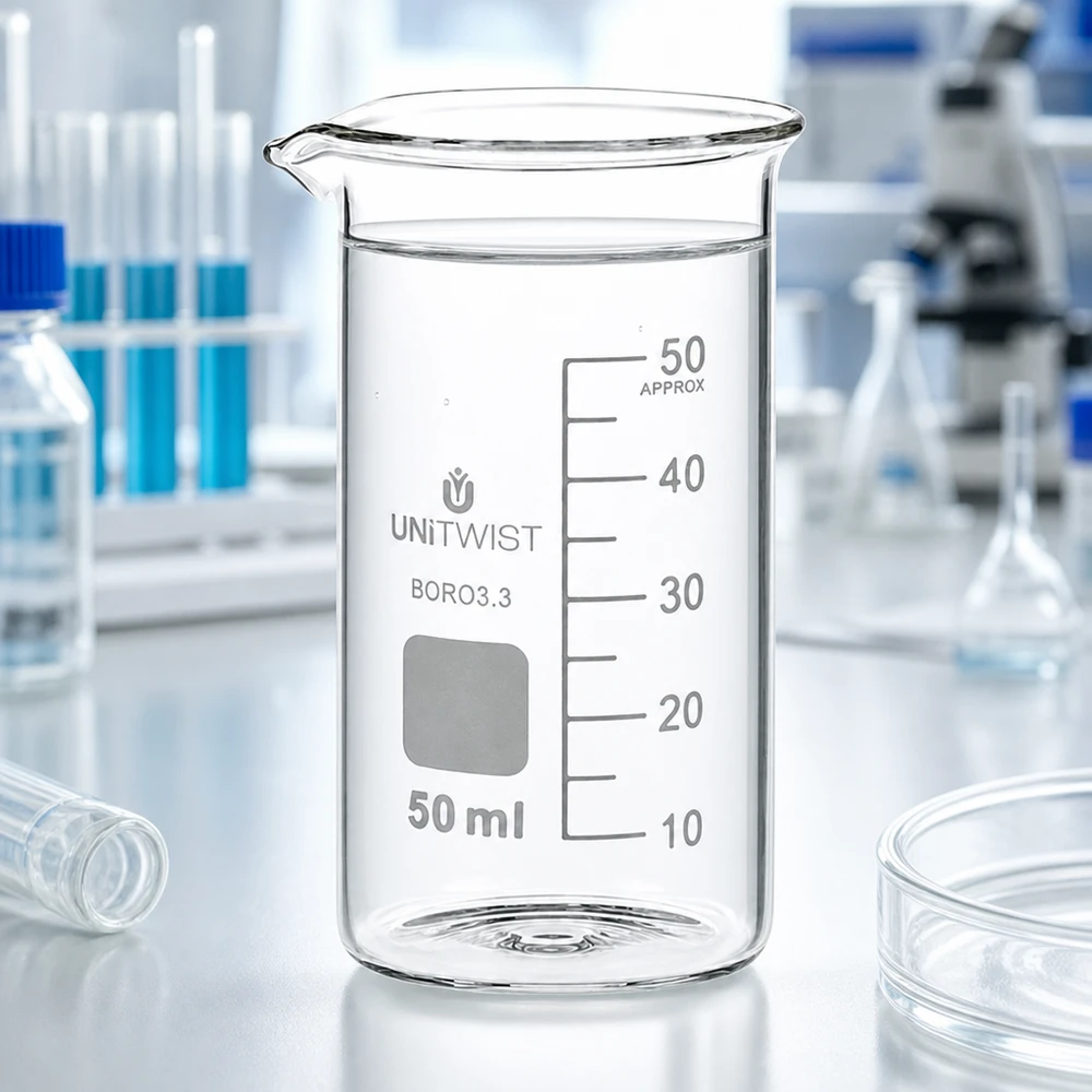 Zlewka 50ml borokrzemianowa, wysoka UNITWIST Pusta zlewka o pojemności 50 ml, wysoka, z borokrzemianu 3.3 marki UNITWIST na białym blacie laboratoryjnym
