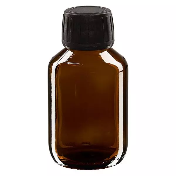 Butelka na lek 100 ml brązowa, zakrętka czarna z pierścieniem ApoGlas. Farmaceutyczna jakość produkcji UE. Gwint 28 mm (PP28). (syrop, butelka z lekkiego szkła) Butelka na lek 100 ml brązowa, zakrętka czarna z pierścieniem ApoGlas. Farmaceutyczna jakość produkcji UE. Gwint 28 mm (PP28). (syrop, butelka z lekkiego szkła)