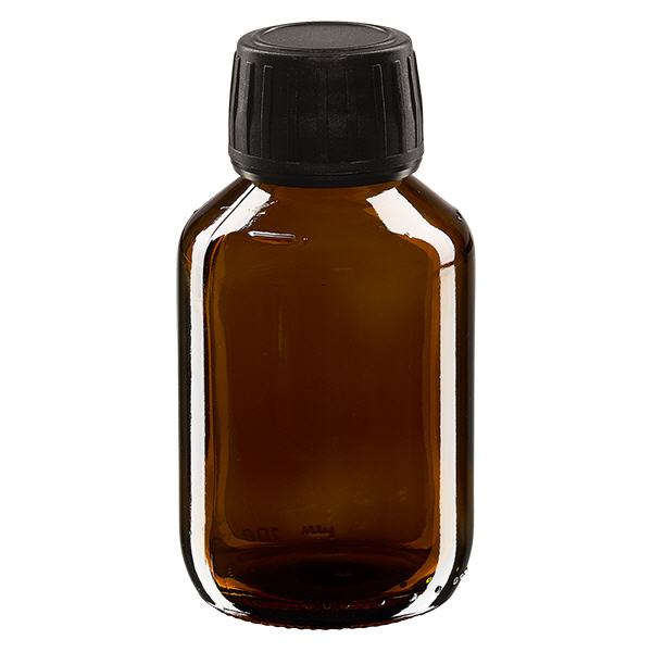 Butelka na lek 100 ml brązowa, zakrętka czarna z pierścieniem ApoGlas. Farmaceutyczna jakość produkcji UE. Gwint 28 mm (PP28). (syrop, butelka z lekkiego szkła) Butelka na lek 100 ml brązowa, zakrętka czarna z pierścieniem ApoGlas. Farmaceutyczna jakość produkcji UE. Gwint 28 mm (PP28). (syrop, butelka z lekkiego szkła)