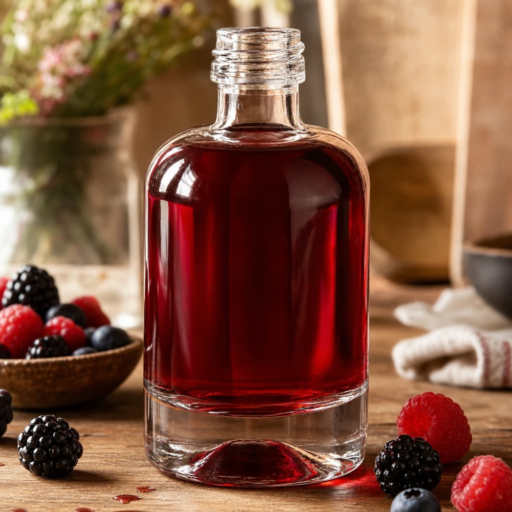 40 ml szklana butelka Sara wypełniona likierem z czerwonych jagód otoczona świeżymi jagodami jako dekoracja bez nakrętki