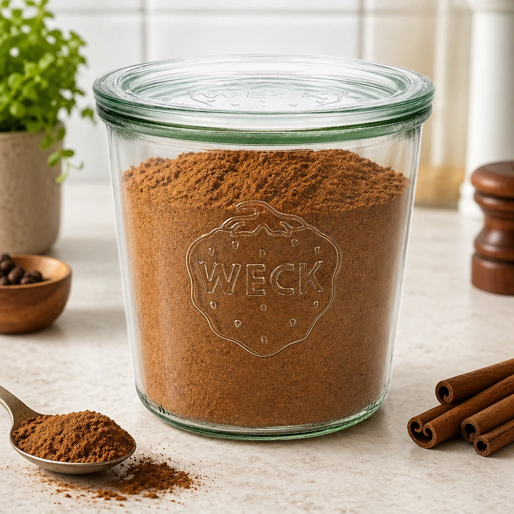 Słoik o pojemności 580 ml z szklaną pokrywką WECK RR100 Szklany słoik WECK 580ml RR100 wypełniony kakao w proszku i cynamonem na blacie kuchennym do przechowywania przypraw