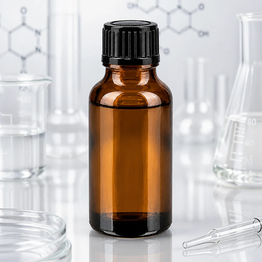 Butelka apteczna brązowa 20ml drip v. 1mm czarny szt Butelka z brązowego szkła o pojemności 20 ml z czarną zakrętką, umieszczona pomiędzy kolbą laboratoryjną a kolbą Erlenmeyera