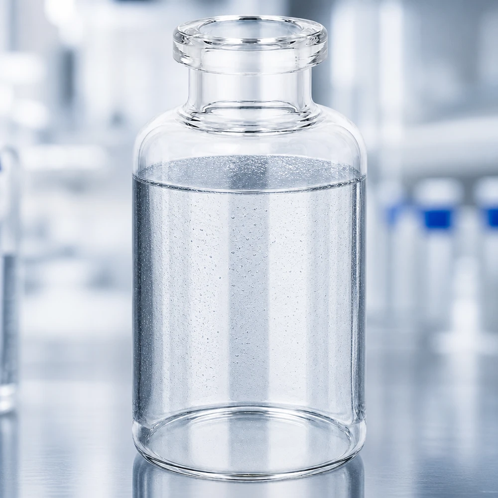 Butelka iniekcyjna z przezroczystego szkła 30 ml Transparente 30ml Pharmaglasflasche mit wässrigem Inhalt und sichtbaren Mikroblasen Laborumgebung