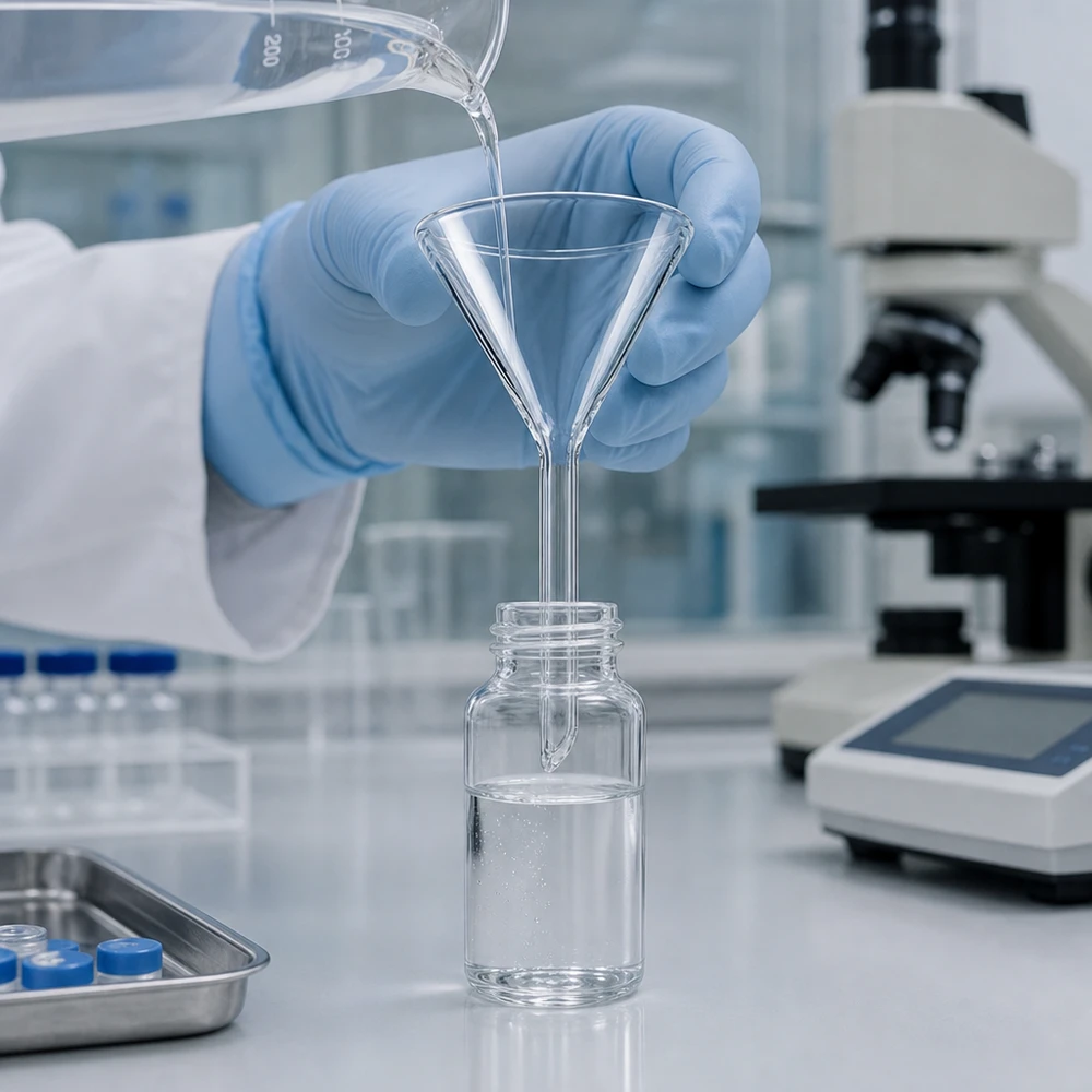 Lejek Ø 45 mm borokrzemianowy kątowy 60 krótki styl Precyzyjny lejek laboratoryjny o kącie 60 stopni wykonany z odpornego chemicznie szkła borokrzemowego