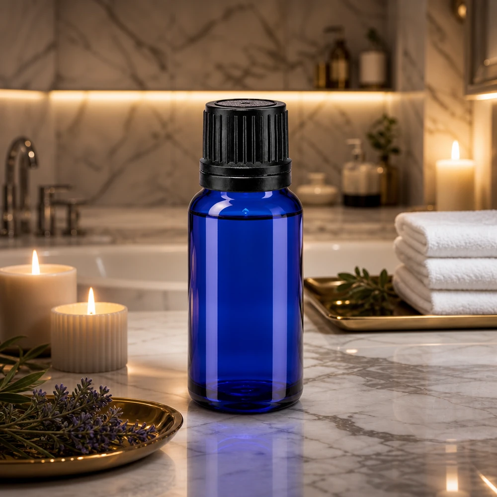 Butelka apteczna niebieska 10ml zakrętka czarny nalewak r. OV Niebieska buteleczka apteczna o pojemności 10 ml z czarnym zamknięciem typu OV na tle marmuru w atmosferze wellness