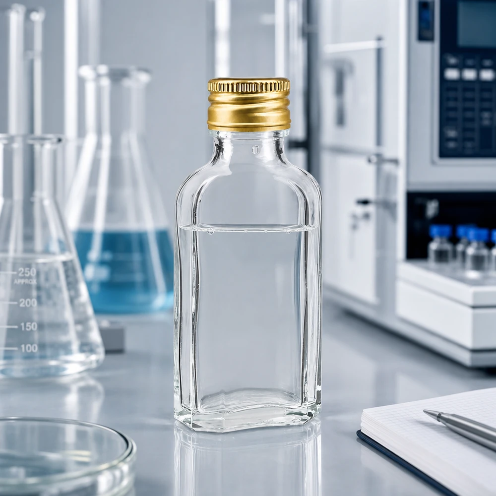 Przezroczysta butelka Meplat o pojemności 50 ml ze złotym aluminiowym zamknięciem PP22, przeznaczona do profesjonalnych laboratoriów