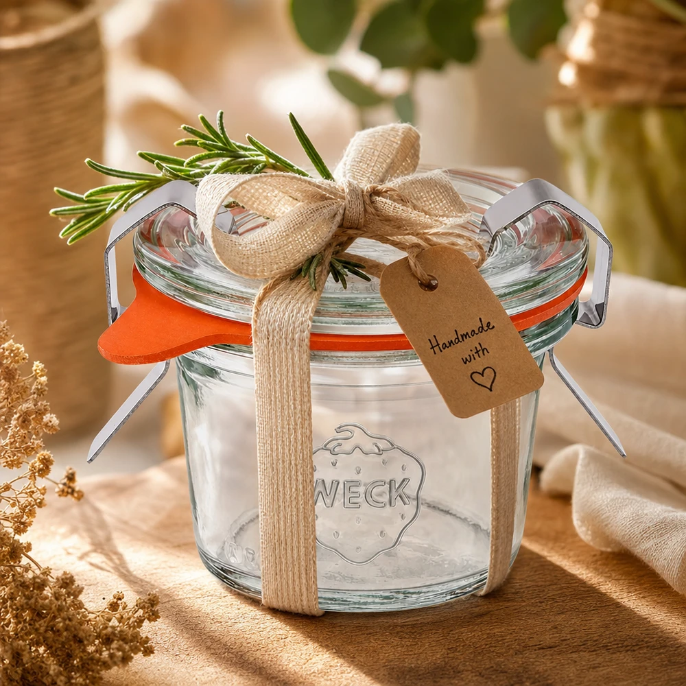 Kubki WECK 35ml RR40 na prezent ozdobione rozmarynową wstążką i ręcznie wykonaną przywieszką