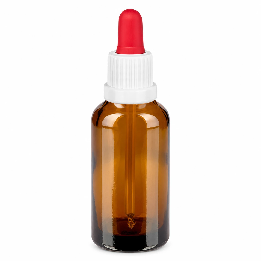 30 ml butelka z pipetą, biała/czerwona OV BrownLine UT18/30 Butelka z pipetą z bursztynowego szkła o pojemności 30 ml z białą zakrętką i czerwoną pipetą do precyzyjnego dozowania