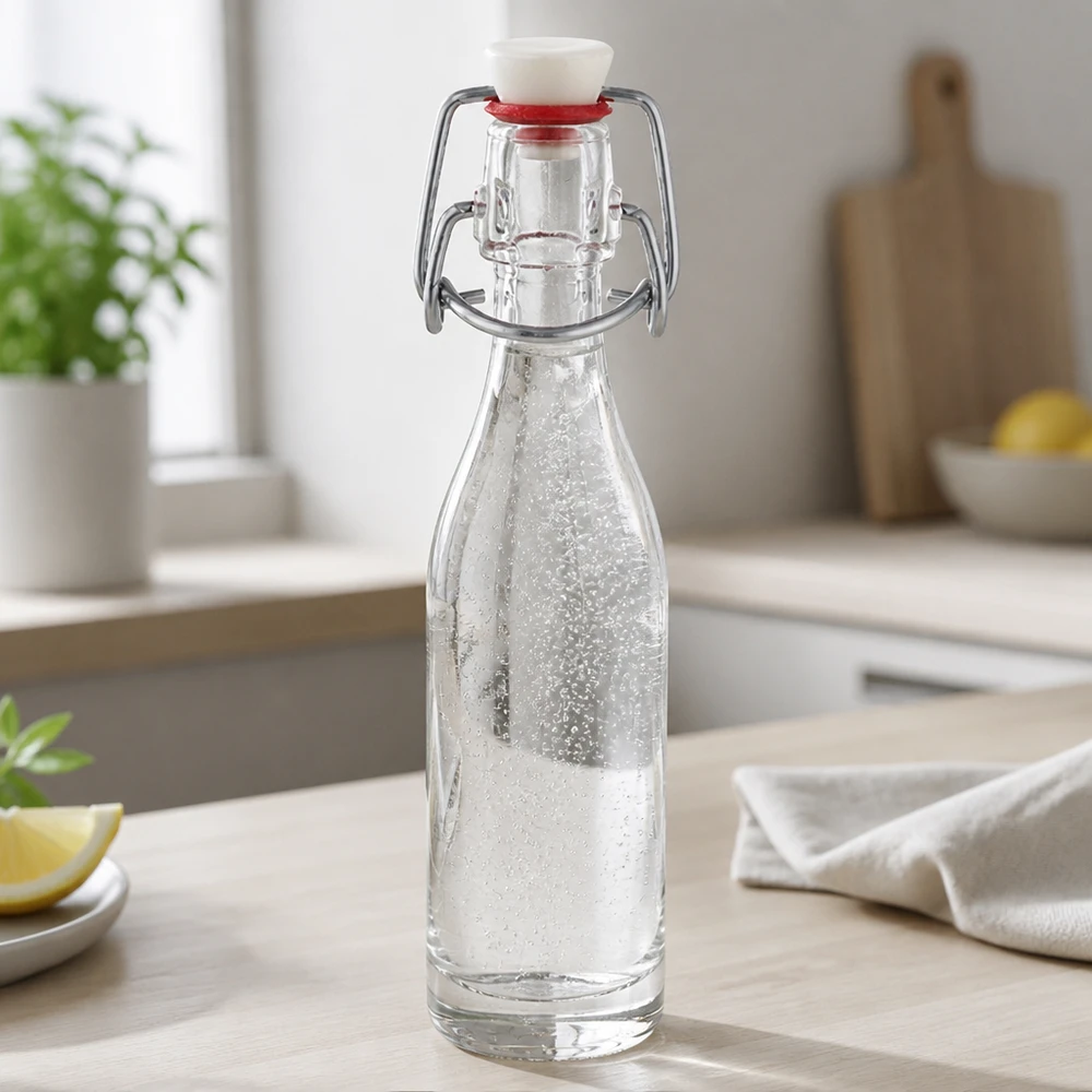 Szklana butelka o pojemności 50 ml z uchylną górą wypełniona wodą w nowoczesnej kuchni - praktyczna w codziennym użytkowaniu