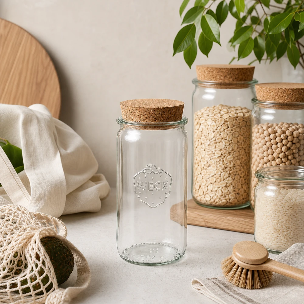 Słoik cylindryczny WECK 340ml RR60 z korkową pokrywką w naturalnym środowisku kuchennym między słoikami do przechowywania a tekstyliami