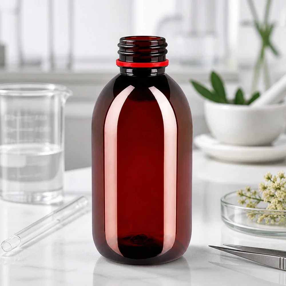 Okrągła butelka PET o pojemności 250 ml w kolorze bursztynowo-brązowym z czerwonym zamknięciem zabezpieczającym na białym blacie laboratoryjnym
