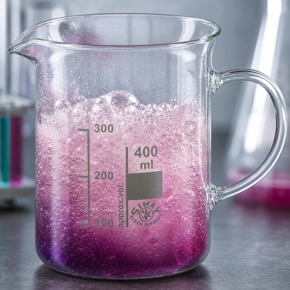 Szklanka o pojemności 400 ml z uchwytem, pieniąca się różowa reakcja, musujące bąbelki, szkło borokrzemowe, laboratorium