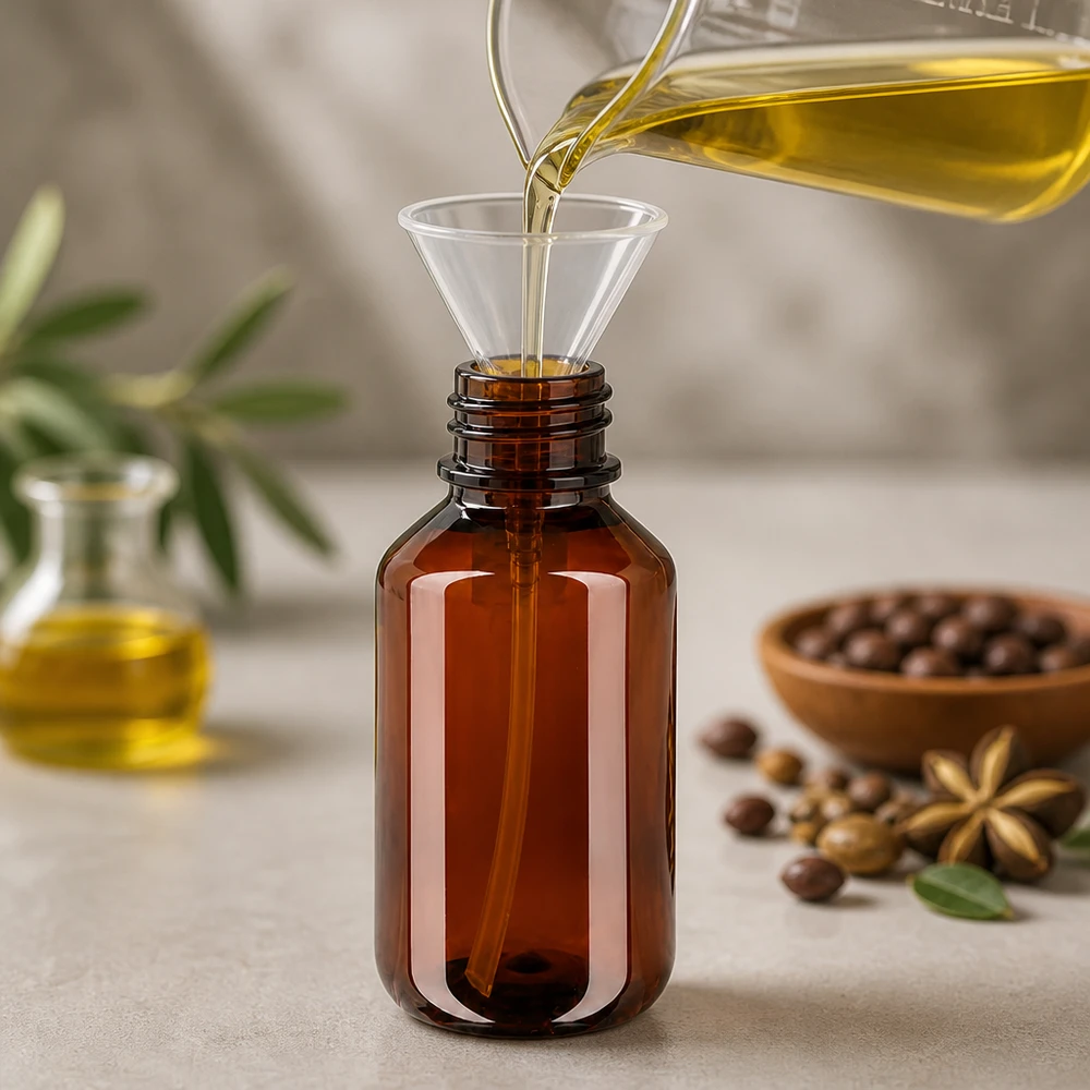 Oliwa z oliwek jest rozlewana za pomocą lejka do bursztynowych butelek PET o pojemności 100 ml z czarną pompką dozującą
