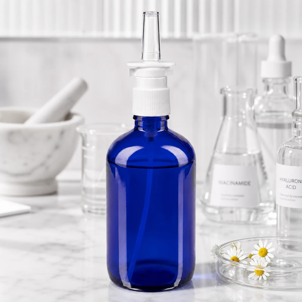 Szklana butelka o pojemności 100 ml w kolorze kobaltowym z nasadką do rozpylania do nosa, umieszczona pomiędzy butelkami laboratoryjnymi z niacynamidem i kwasem hialuronowym