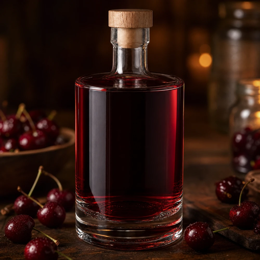 500 ml szklana butelka Marie wypełniona czerwonym likierem wiśniowym - drewniany korek - zdjęcie produktu Lifestyle z wiśniami