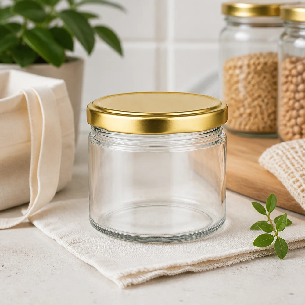 Okrągły słoik 540 ml ze złotą pokrywką BasicSeal, pusty, z dekoracją kuchenną z naturalnych włókien i roślin.