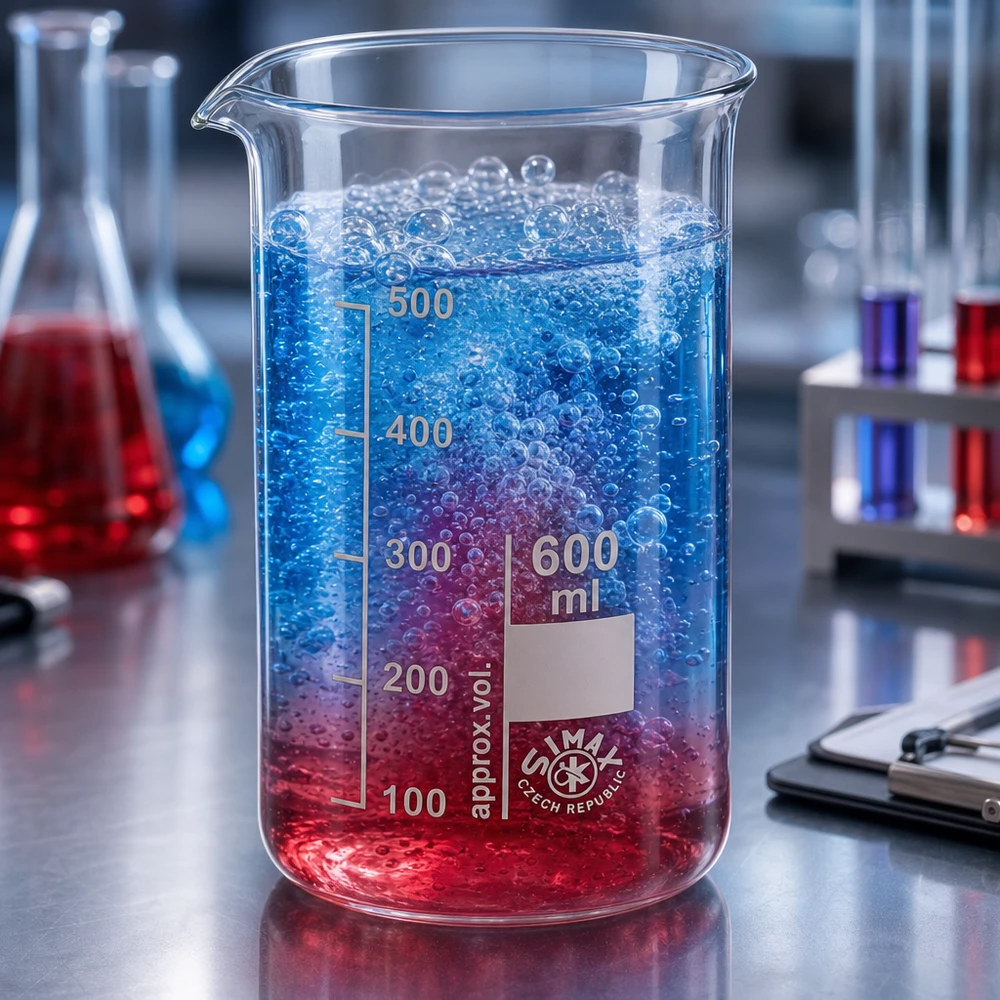Zbiornik reakcyjny o pojemności 600 ml z niebiesko-czerwoną cieczą dwufazową i unoszącymi się pęcherzykami w laboratorium