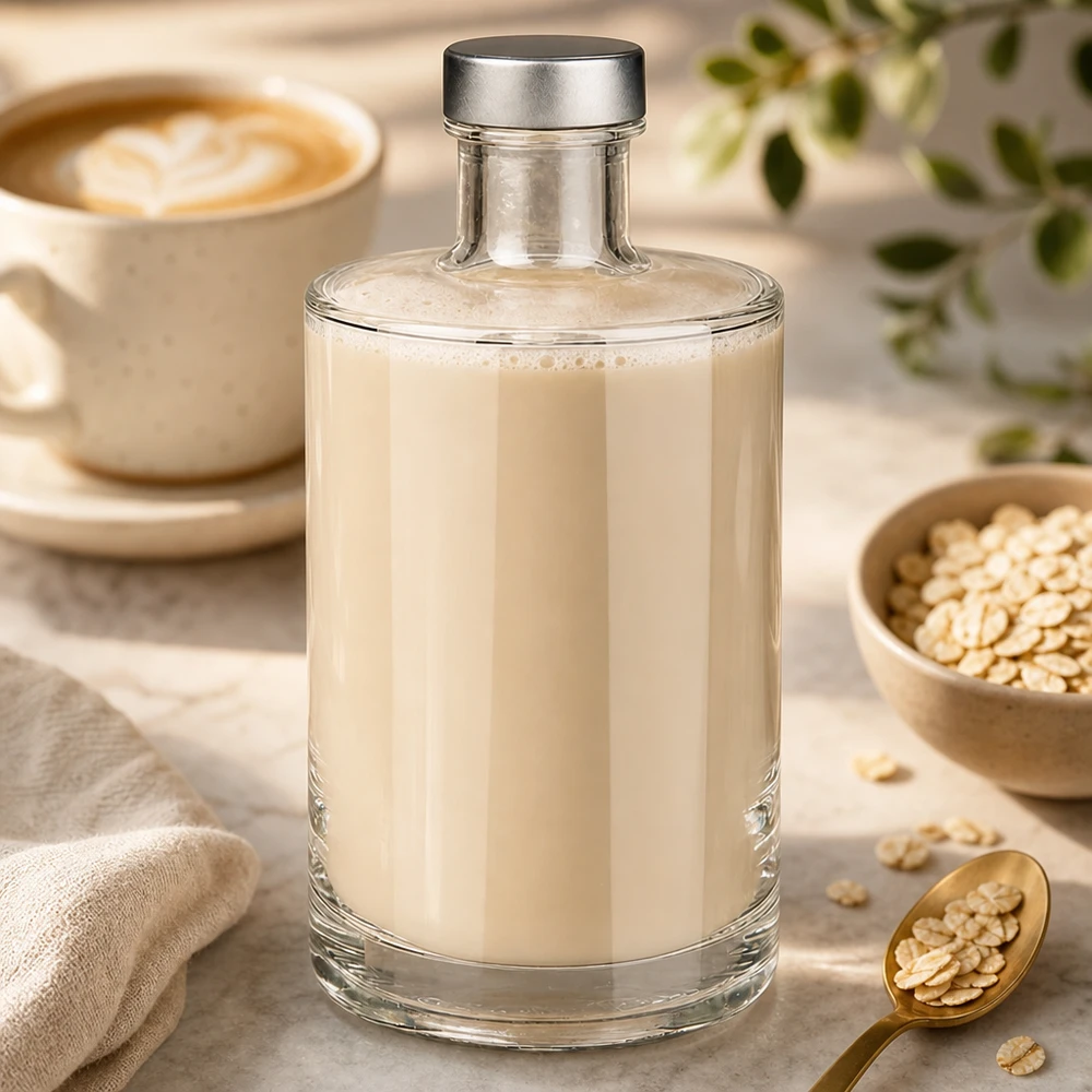 375 ml szklana butelka Sam wypełniona kremowym mlekiem owsianym obok filiżanki kawy i płatków owsianych w jasnej kuchni