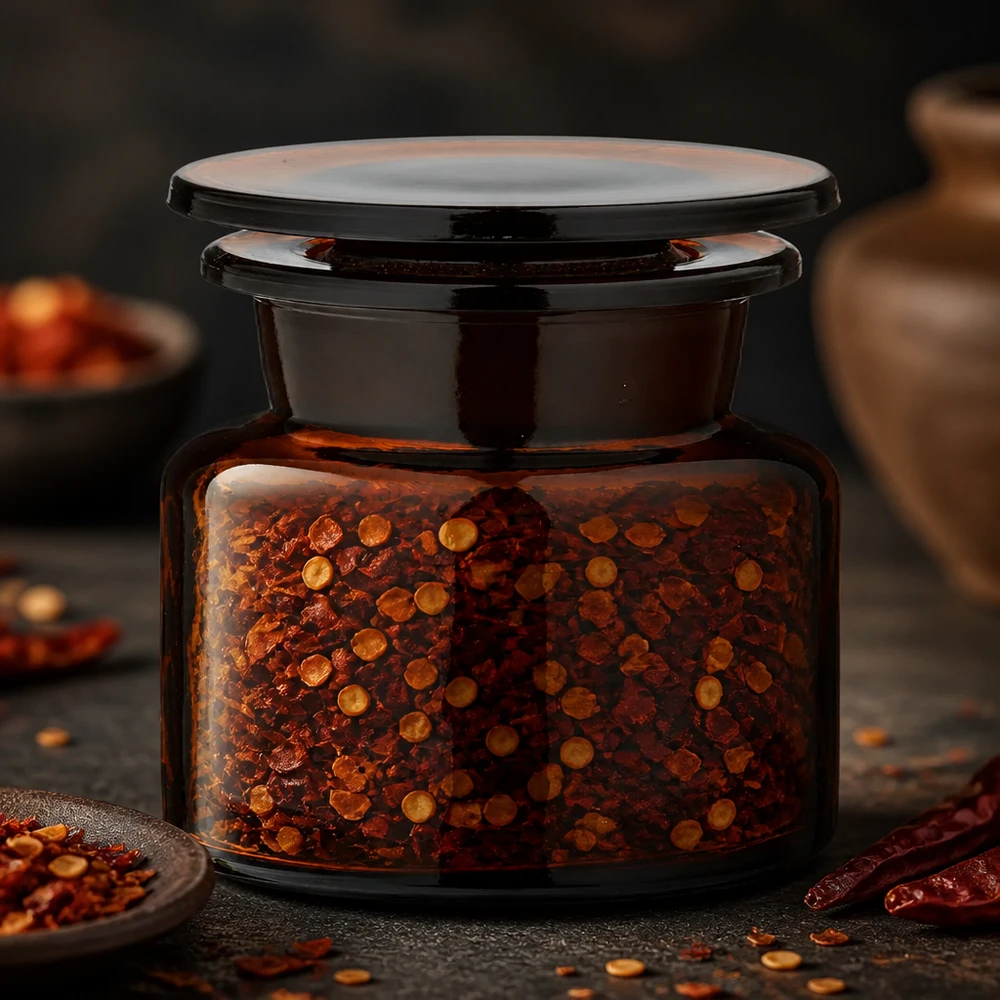Pomysł na słoik na przyprawy: butelka aptekarska, 50 ml, brązowe szkło, szeroka szyjka Suszone płatki chili z nasionami w aptekarskiej butelce z brązowego szkła o pojemności 50 ml, z szklanym korkiem
