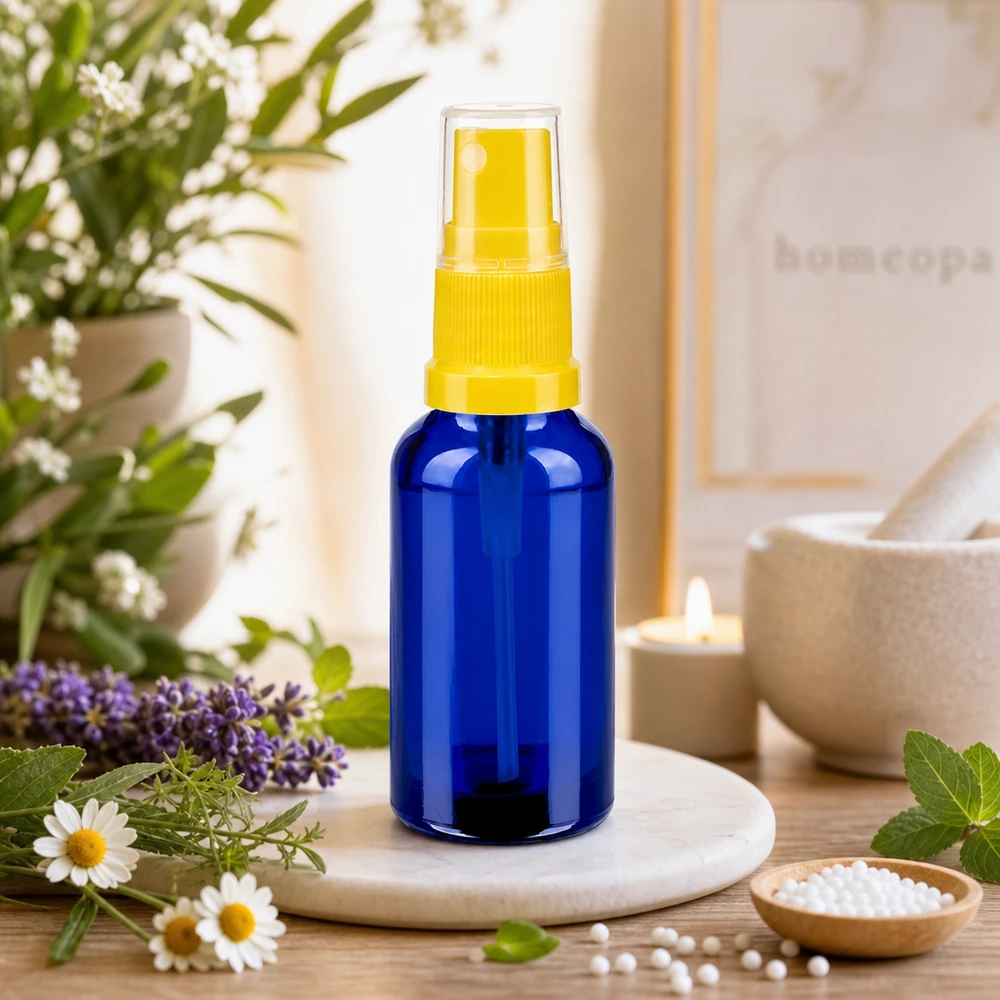 Butelka ze spryskiwaczem 30 ml żółta/przezroczysta STD BlueLine UT18/30 Mała butelka z rozpylaczem o pojemności 30 ml wykonana z wytrzymałego szkła, idealna w podróży i w podróży