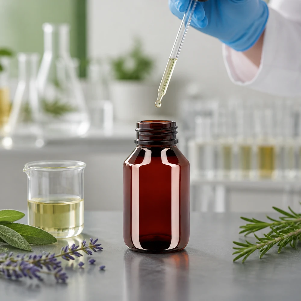 Butelka PET 50 ml z niebieską nakrętką OV Brązowa butelka PET o pojemności 50 ml z niebieską nakrętką w profesjonalnym laboratorium z ziołami