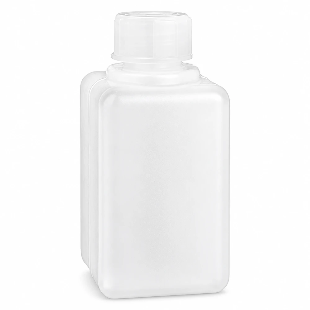 Butelka na chemikalia o pojemności 50 ml, z wąską szyjką, z polietylenu HD w kolorze naturalnym, kwadratowa, z białym zakrętką