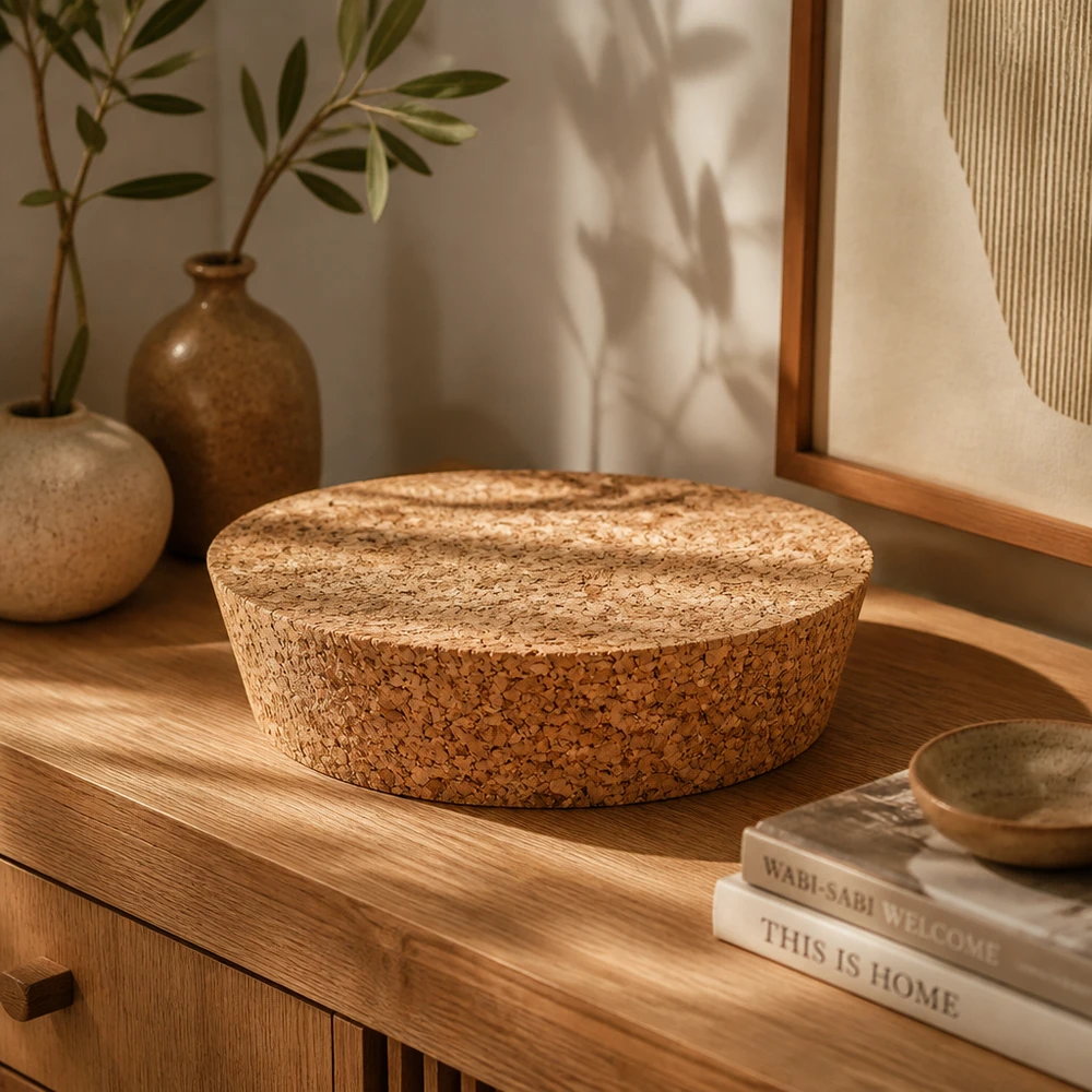 Korek do otworu 75 mm WECK RR80 (ø72/82, H=20 mm) Korek WECK RR80 naturalny korek na drewnianej komodzie z książkami i ceramicznymi wazonami nowoczesna dekoracja salonu otwór 75mm