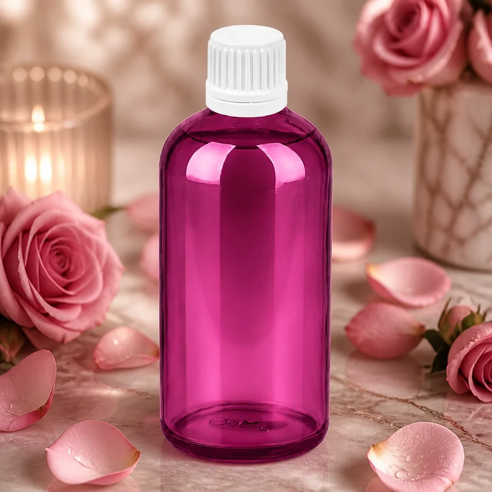 Mała butelka z zakraplaczem 100 ml w eleganckim fioletowym kolorze z białą zakrętką do kosmetyków i produktów pielęgnacyjnych