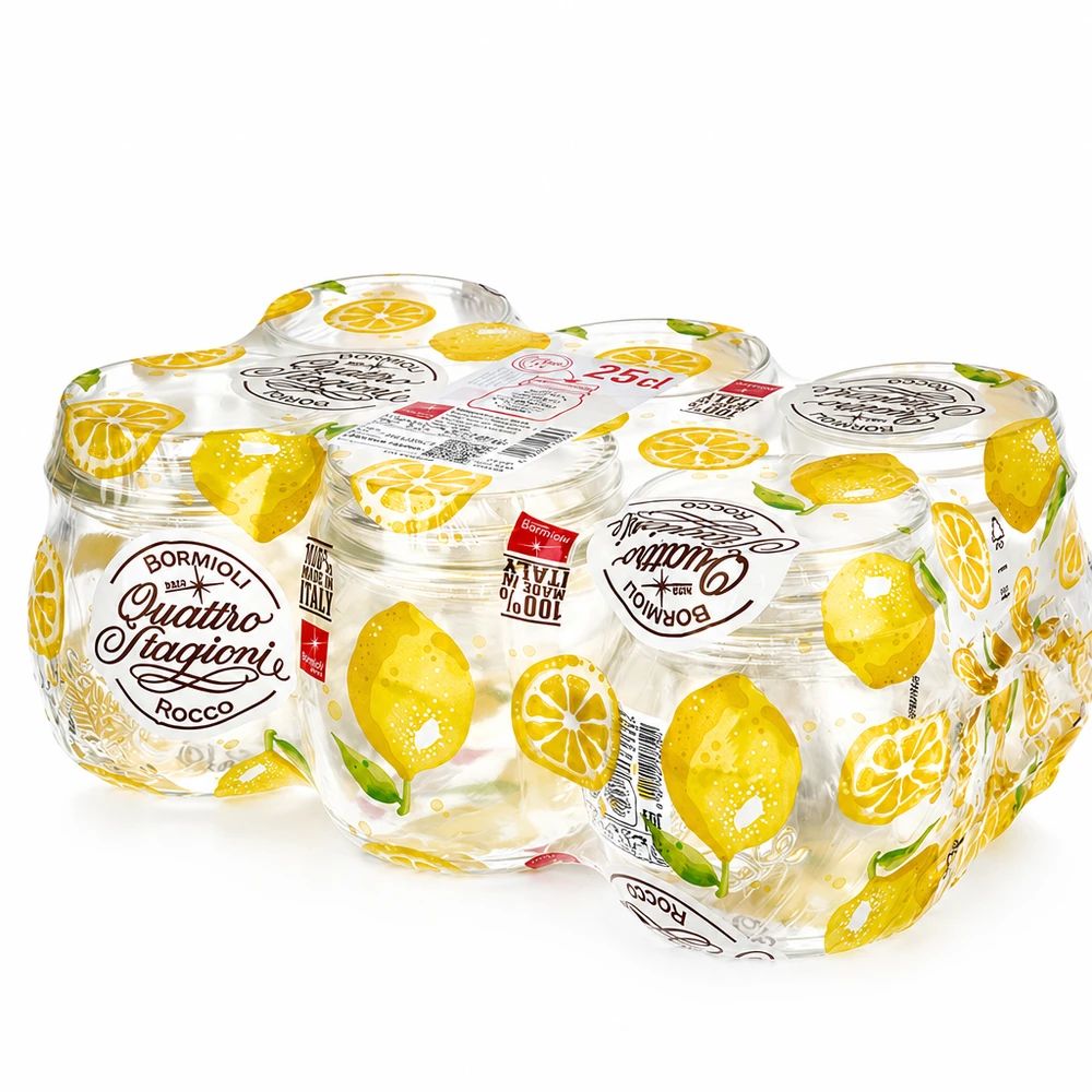 Słoiki na przetwory Bormioli Rocco Quattro Stagioni 250 ml z motywem cytryny i zakręcaną pokrywką, zestaw 6 sztuk